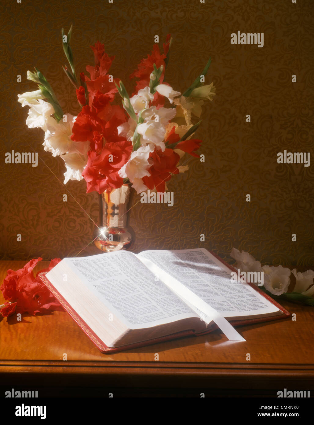 Vaso in argento di rosso e bianco fiori GLADIOLA con la Bibbia aperta a libro di Matteo Foto Stock