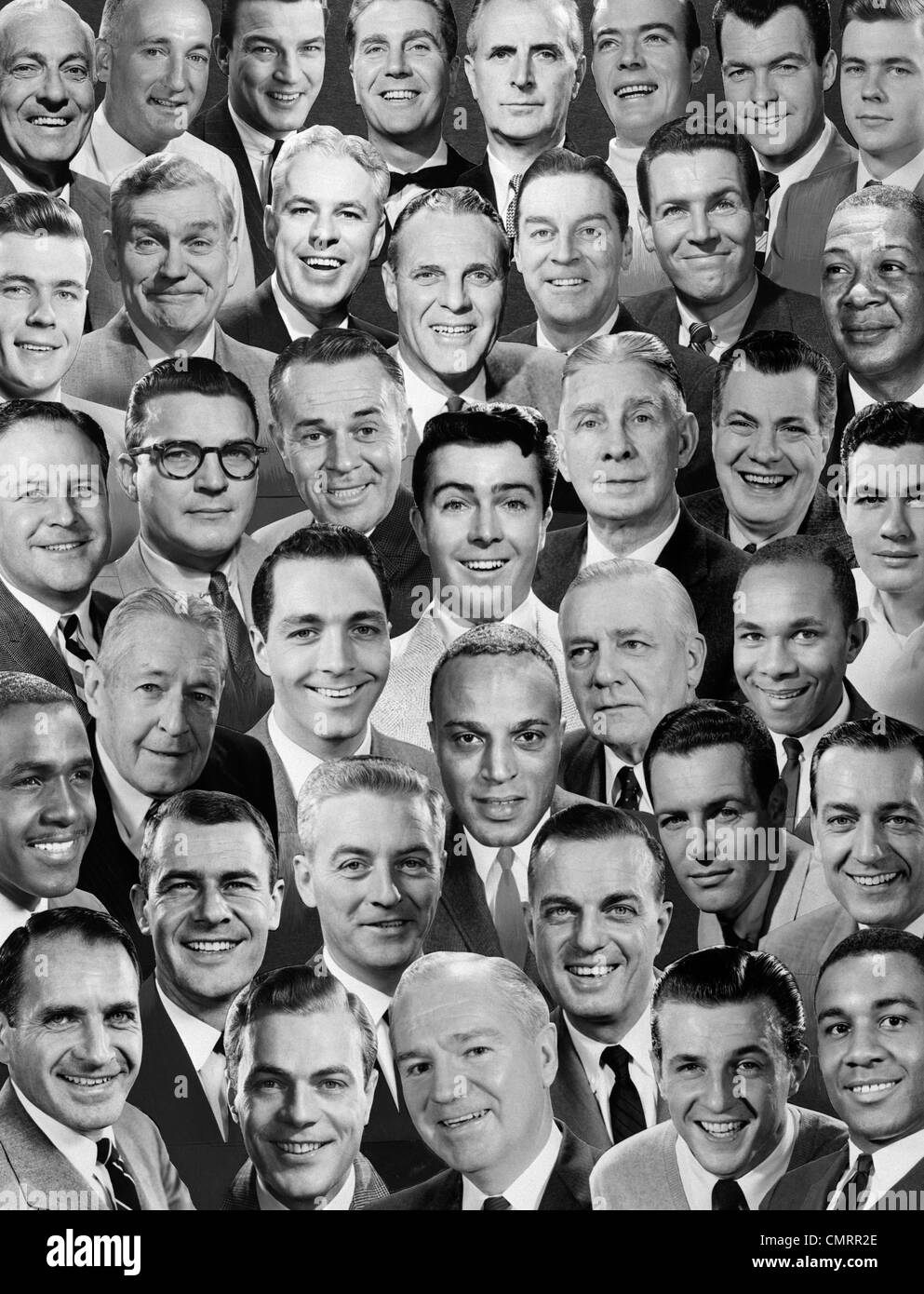 Anni sessanta anni settanta MONTAGE di uomini ritratti tutti i volti sorridenti Foto Stock