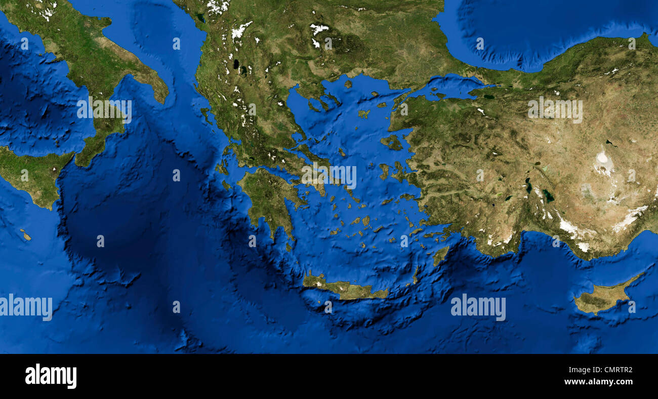 True color terra/dello spettroradiometro MODIS Immagine satellitare della Grecia il rendering in azimutale di Lambert uguale area proiezione. Foto Stock