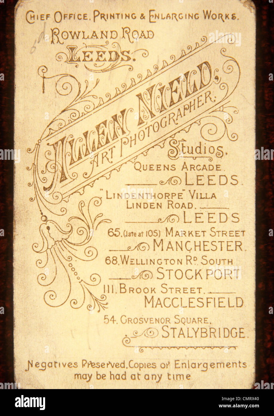 Fotografia, del fotografo dettagli sulla parte posteriore del 1890s stampa Foto Stock