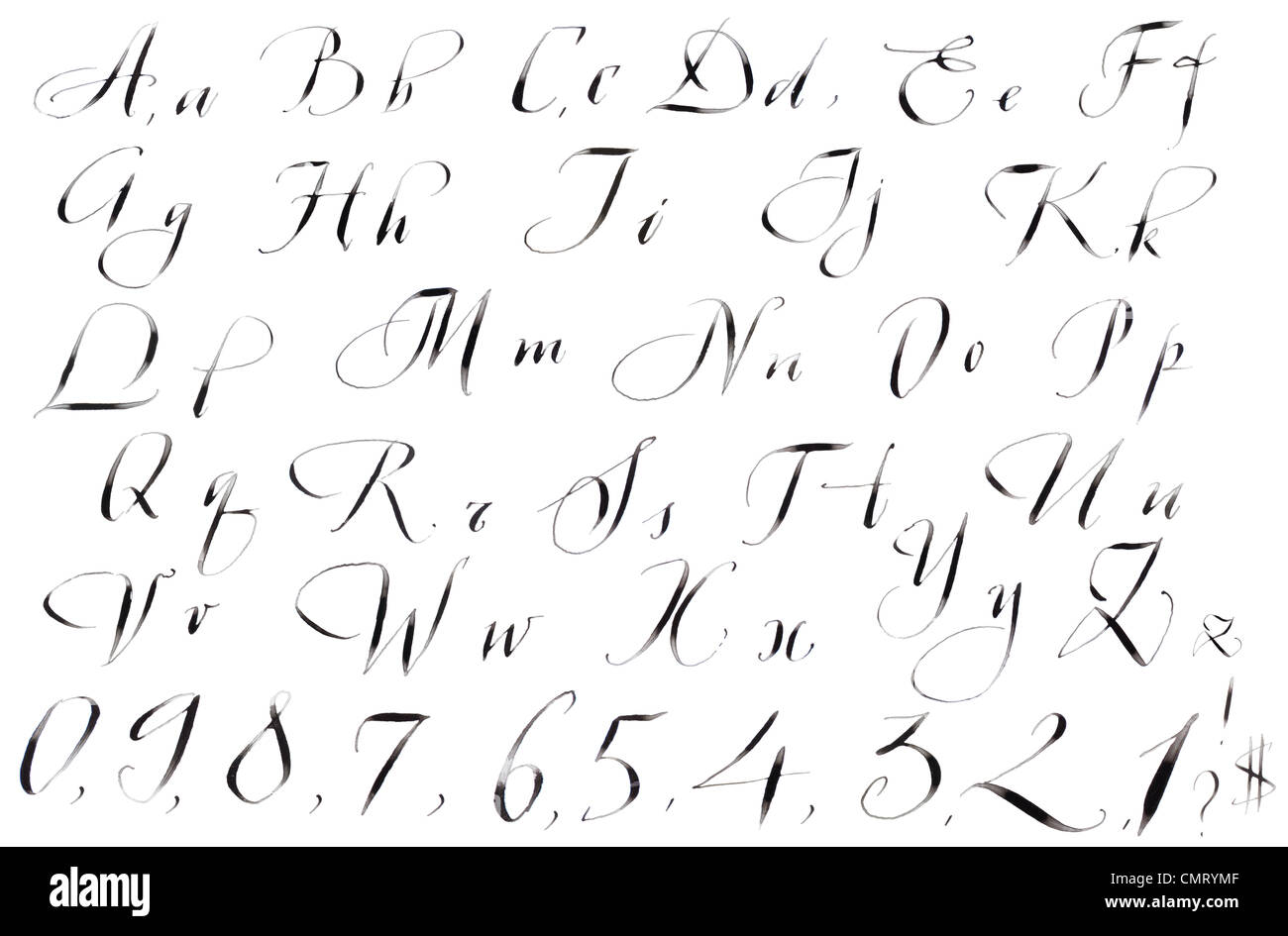 La calligrafia scritto a mano a mano Inghilterra alfabeto in retro isolato di inchiostro Foto Stock