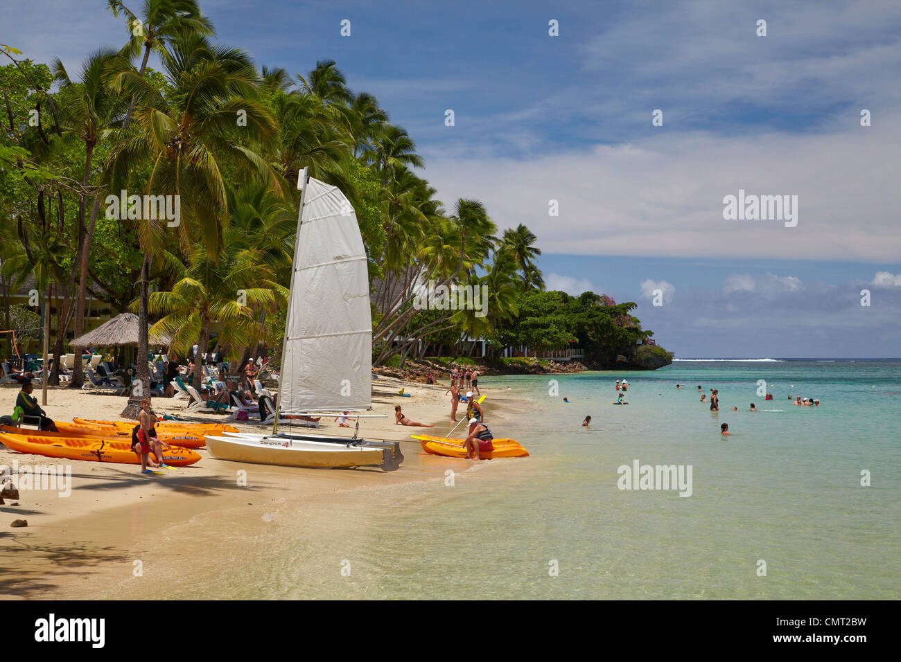 Spiaggia di Shangri-La Resort Fijiano, Yanuca Island, Coral Coast, Viti Levu, Figi e Sud Pacifico Foto Stock