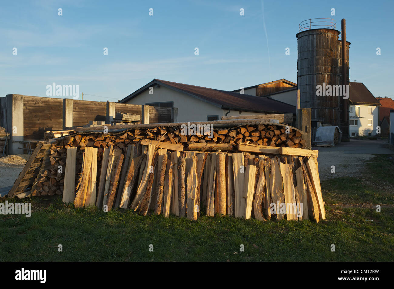 Spaccare la legna in piedi nella parte anteriore della pila di spaccare la legna in il sole al mattino Foto Stock