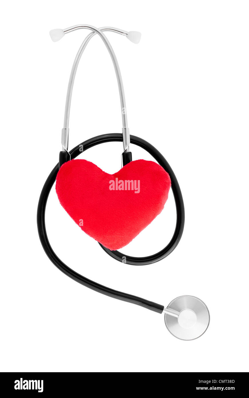 Lo stetoscopio e il materiale morbido cuore isolato su bianco Foto Stock