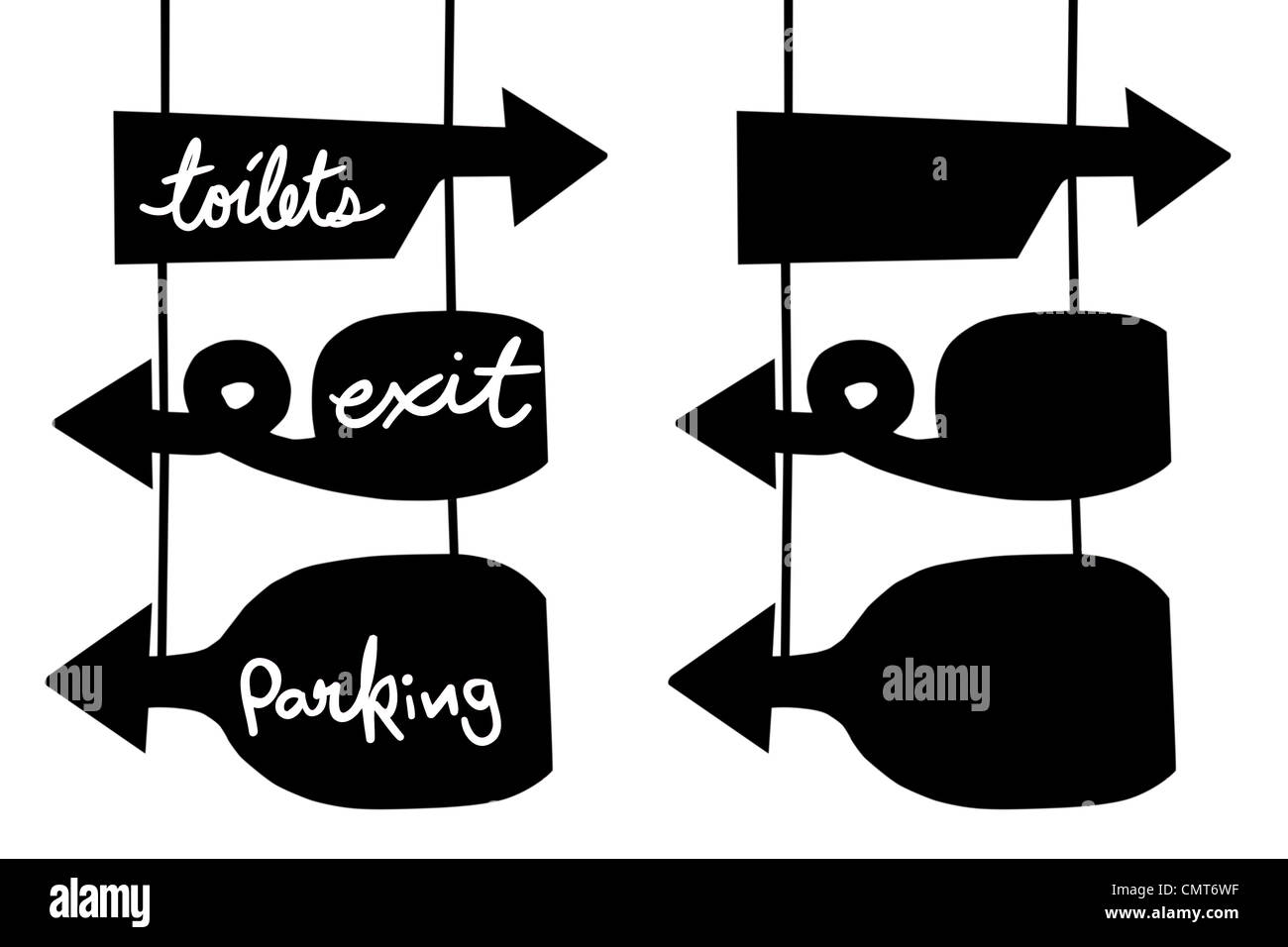 Servizi igienici, uscita direzione parcheggio segno bordo e vuoto segno bordo, sfondo isolato Foto Stock