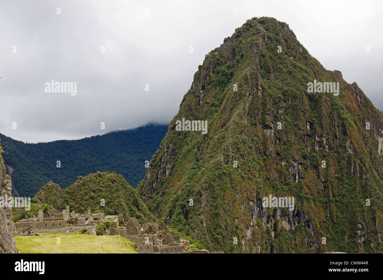 Il Monte Huayna Picchu o Wayna Picchu, il che significa che i giovani picco in Quechua, sorge sulle rovine di Machu Picchu, Perù Foto Stock
