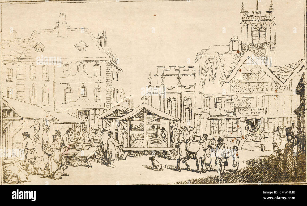 Alta verde, Wolverhampton, 1799. L'artista impressione (Rowlandson) del principale luogo di mercato ad alta verde (ora Queen Square). Foto Stock