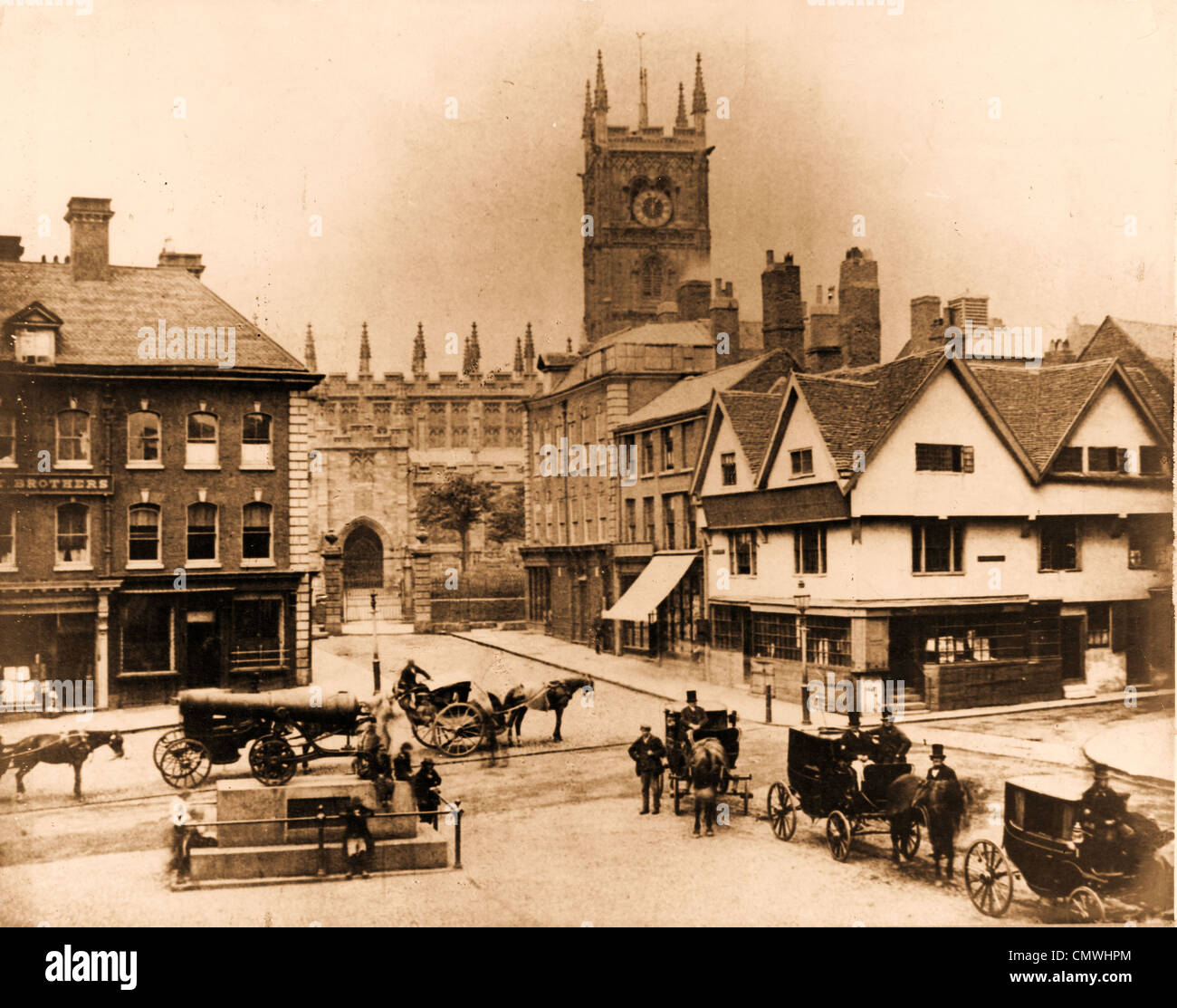 Alta verde, Wolverhampton, nel 1860 circa. Un inizio di fotografia di a cavallo il veicoli in alta verde (ora Queen Square). Per il Foto Stock