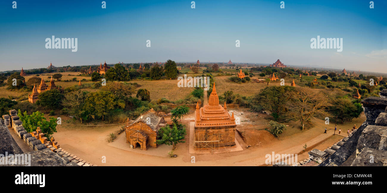 Panoramica del tempio di Bagan disseminata paesaggio, Myanmar Foto Stock