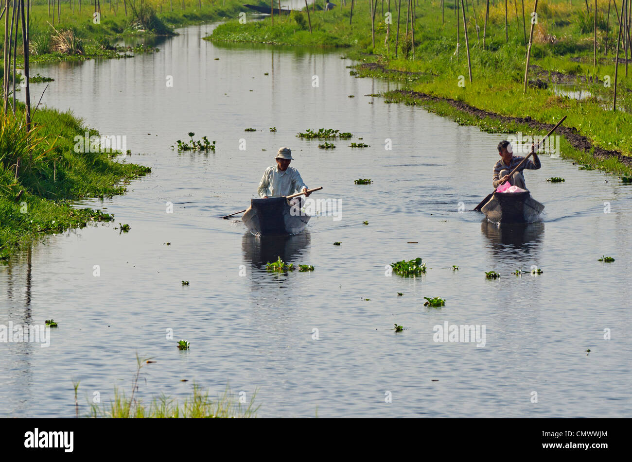 La gente del posto il pendolarismo intorno al villaggio galleggiante in barca a remi, Lago Inle, Myanmar Foto Stock