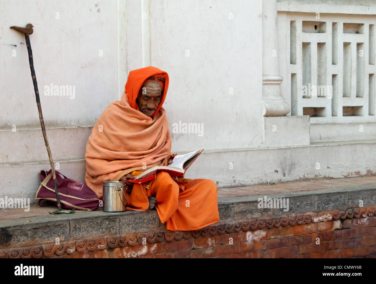 Hindu uomo santo nello studio al di fuori del tempio di Pashupatinath in Nepal. Foto Stock