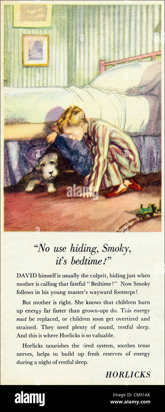 HORLICKS coricarsi bere annuncio originale pubblicità dal 1940s periodo di pubblicità rivista Foto Stock