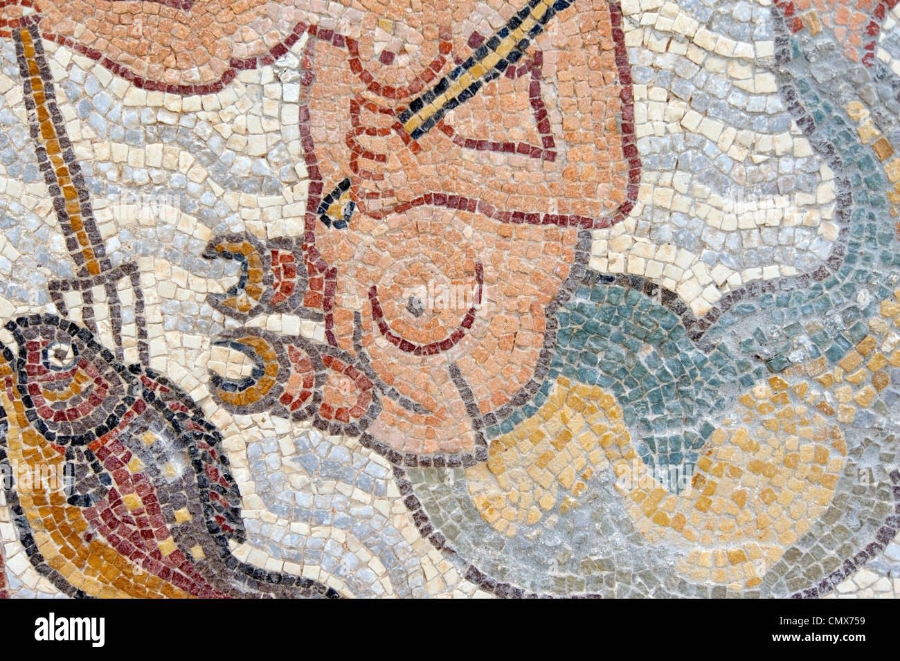 Vista ravvicinata all'interno del museo di intricati dettagli su una straordinaria raccolta di cinquanta mosaici che sono stati trovati Foto Stock