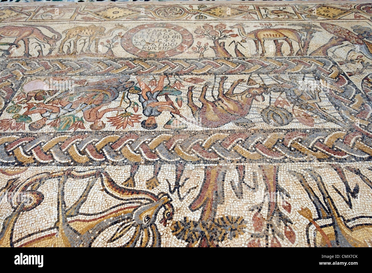 Vista ravvicinata all'interno del museo di una sezione del più grande mosaico che è stato trovato nel corridoio settentrionale della Chiesa Orientale Foto Stock