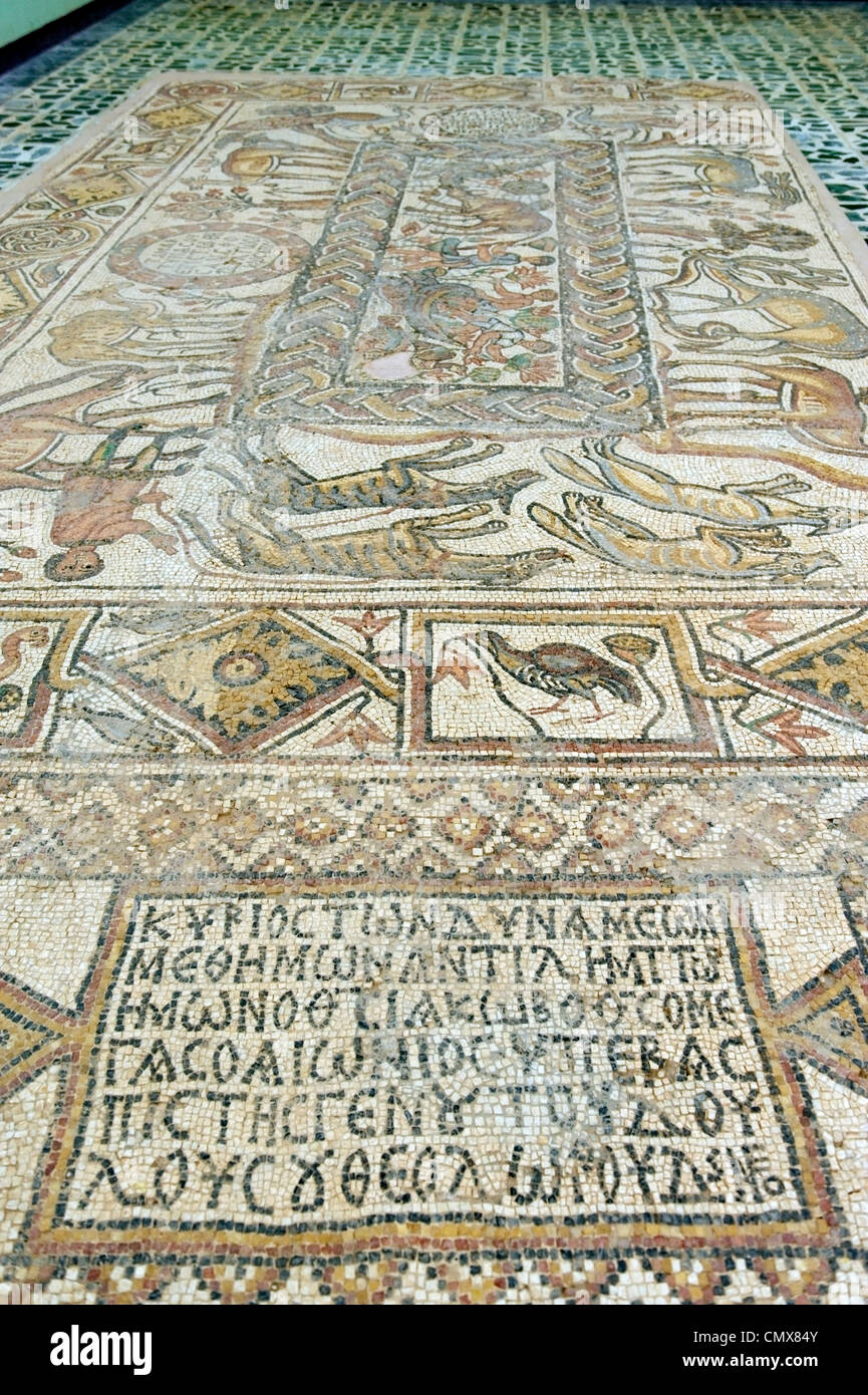 Vista interna del museo a Libia del più grande mosaico che è stato trovato nel corridoio settentrionale della Chiesa orientale. Foto Stock