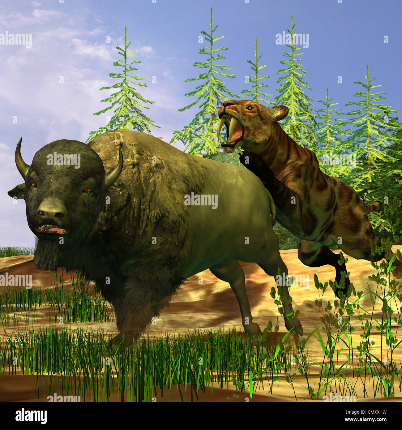 Un gatto Saber-Tooth pounces su un spaventati Buffalo in epoca preistorica. Foto Stock