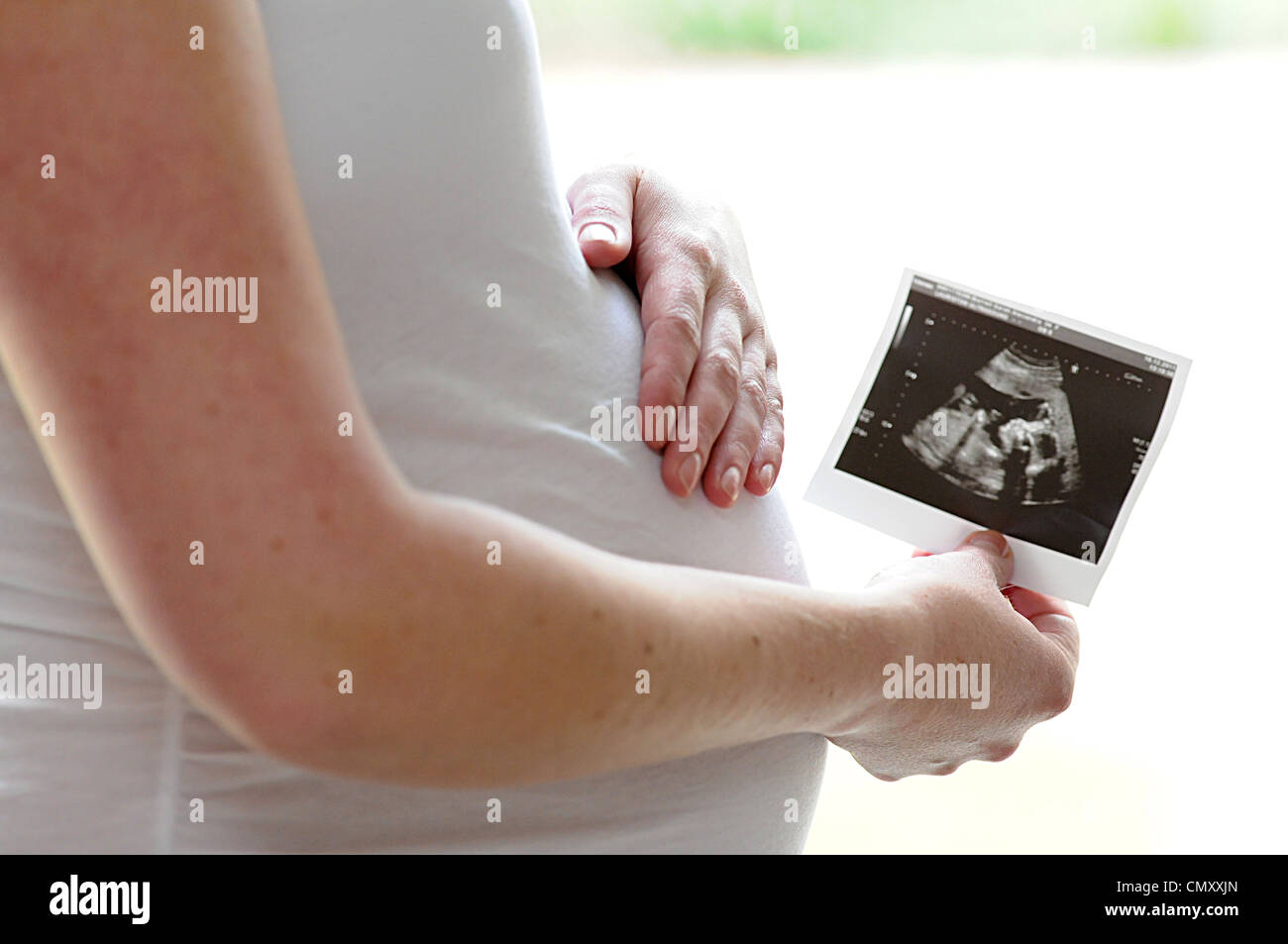 7 mese di gravidanza bump con mani e t-shirt bianco baby bump gravidanza ultra sound scan Foto Stock