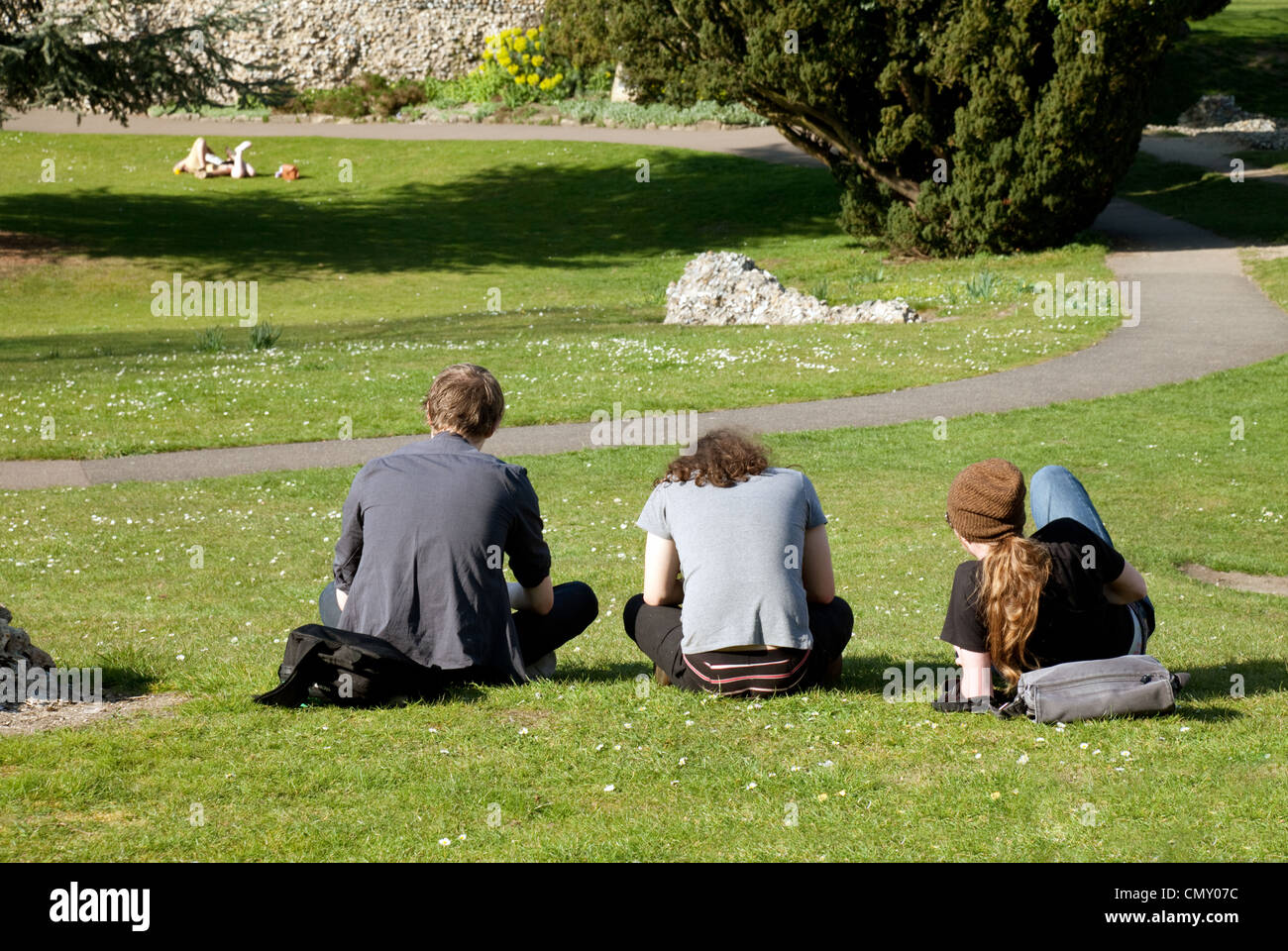 Park UK; tre ragazzi adolescenti seduti nel parco, vista posteriore, Abbey Gardens Bury St Edmunds Suffolk UK Foto Stock