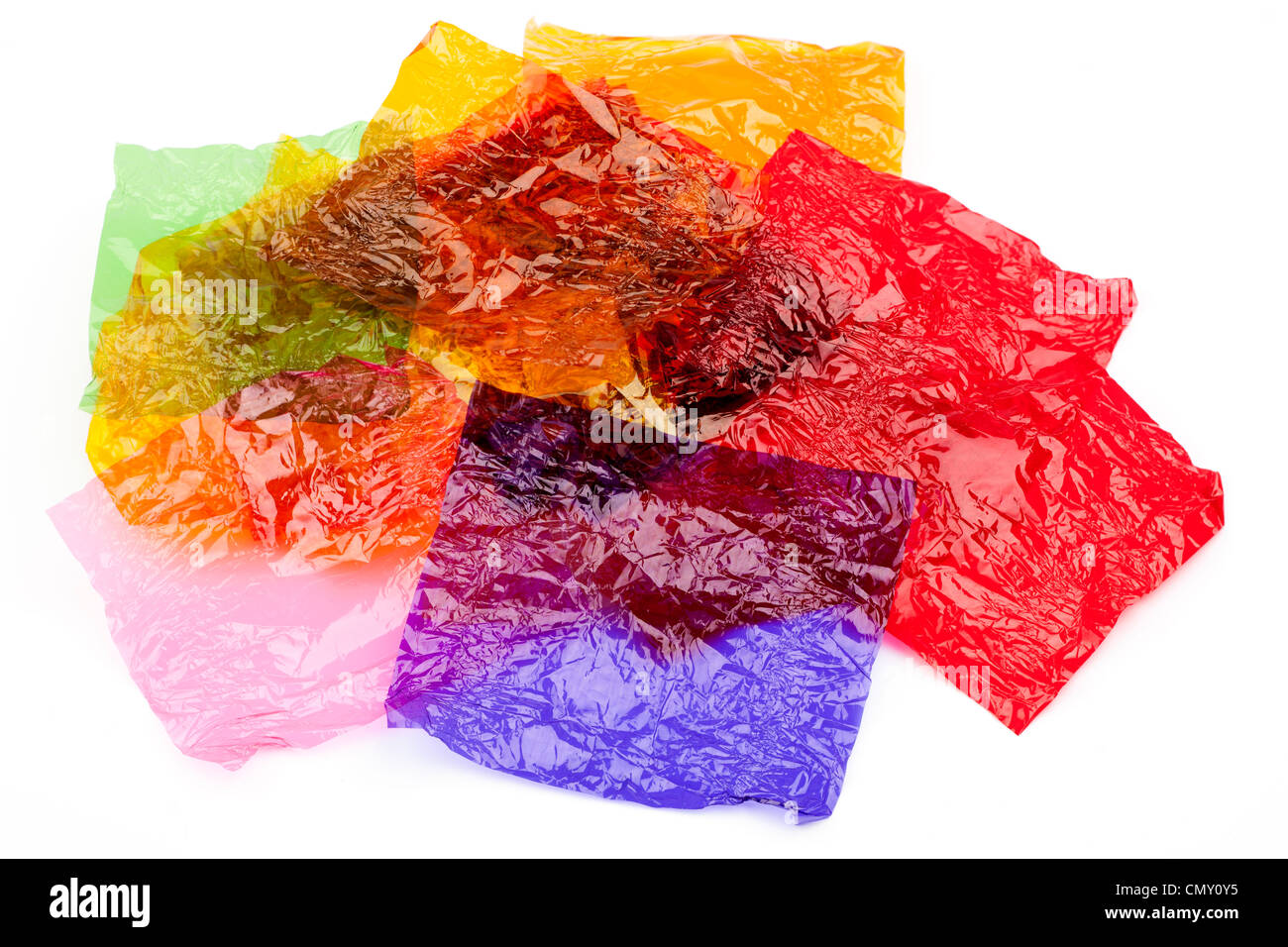 Pila di colorati wrapper dolce Foto Stock