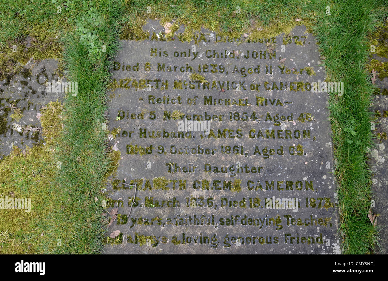 Le lapidi appena visibile attraverso l'erba nel cimitero presso la cattedrale di Glasgow, Scotland, Regno Unito. Foto Stock