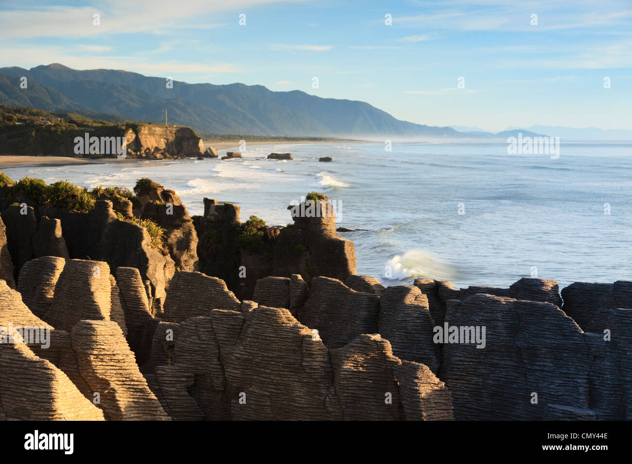 Erosi formazioni calcaree note come Pancake Rocks, Dolomite punto, Punakaiki, sulla costa occidentale dell'Isola Sud della Nuova Zelanda. Foto Stock