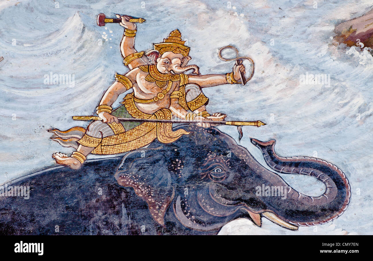 Ganesh, il dio indiano, vintage stile tradizionale Thai pittura sul tempio. Foto Stock