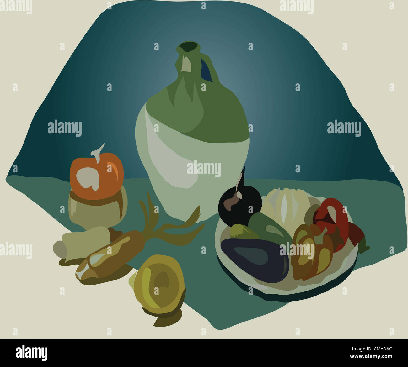 Immagine di vita ancora con il verde degli animali e da una brocca Foto Stock