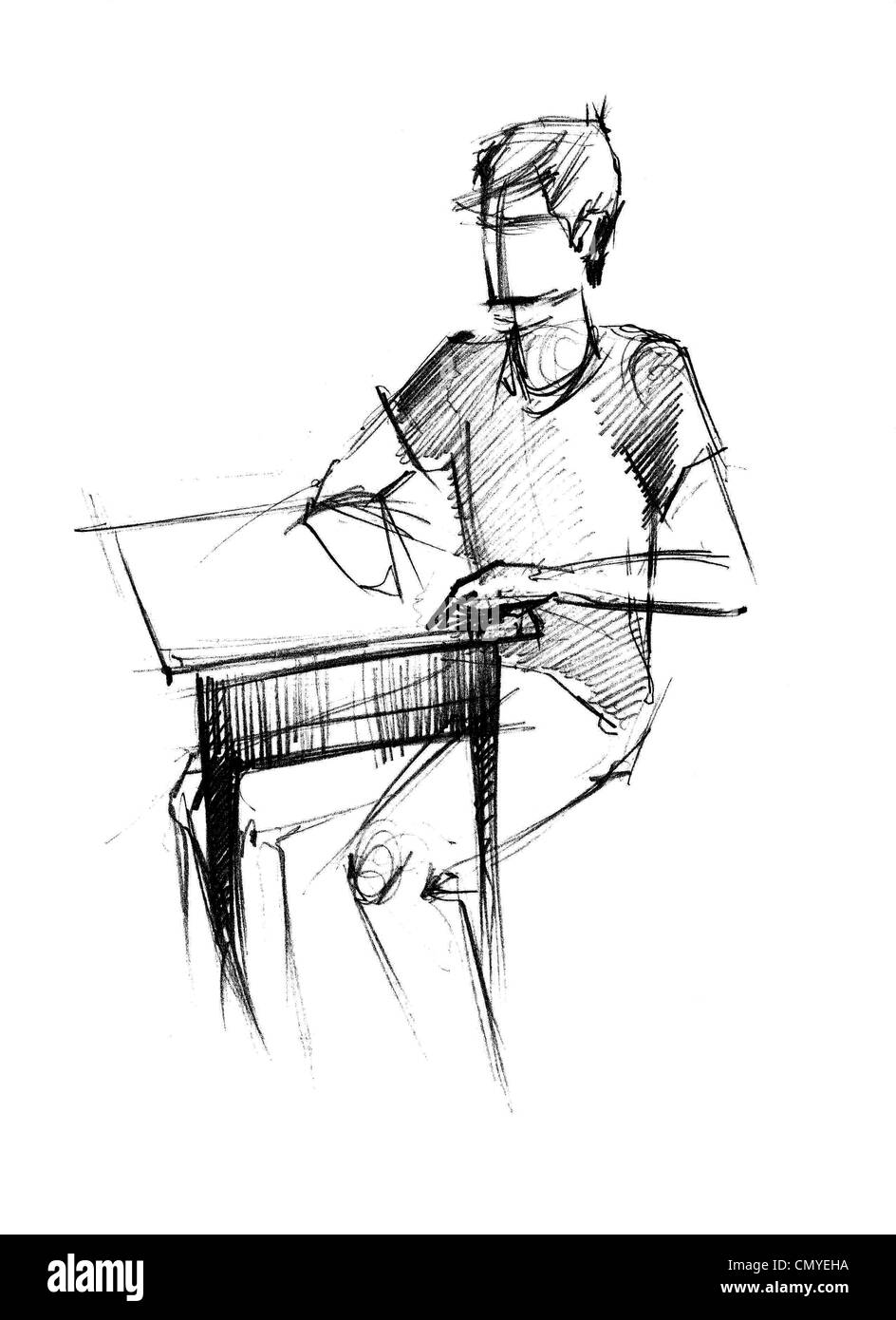 Un collega in una maglietta sportiva a tavola Foto Stock