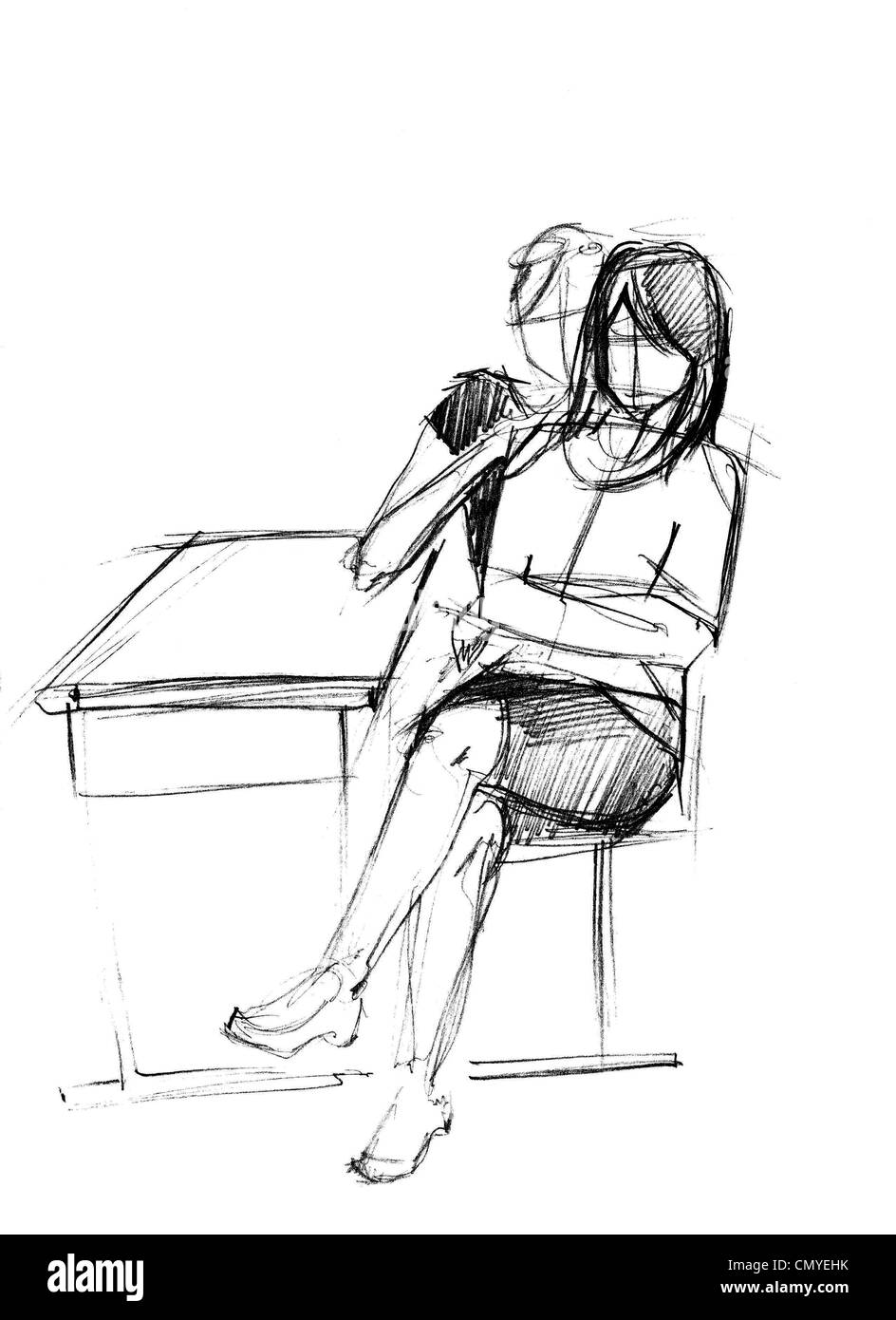 Immagine di due ragazza-amici sedute dopo un banco di scuola Foto Stock