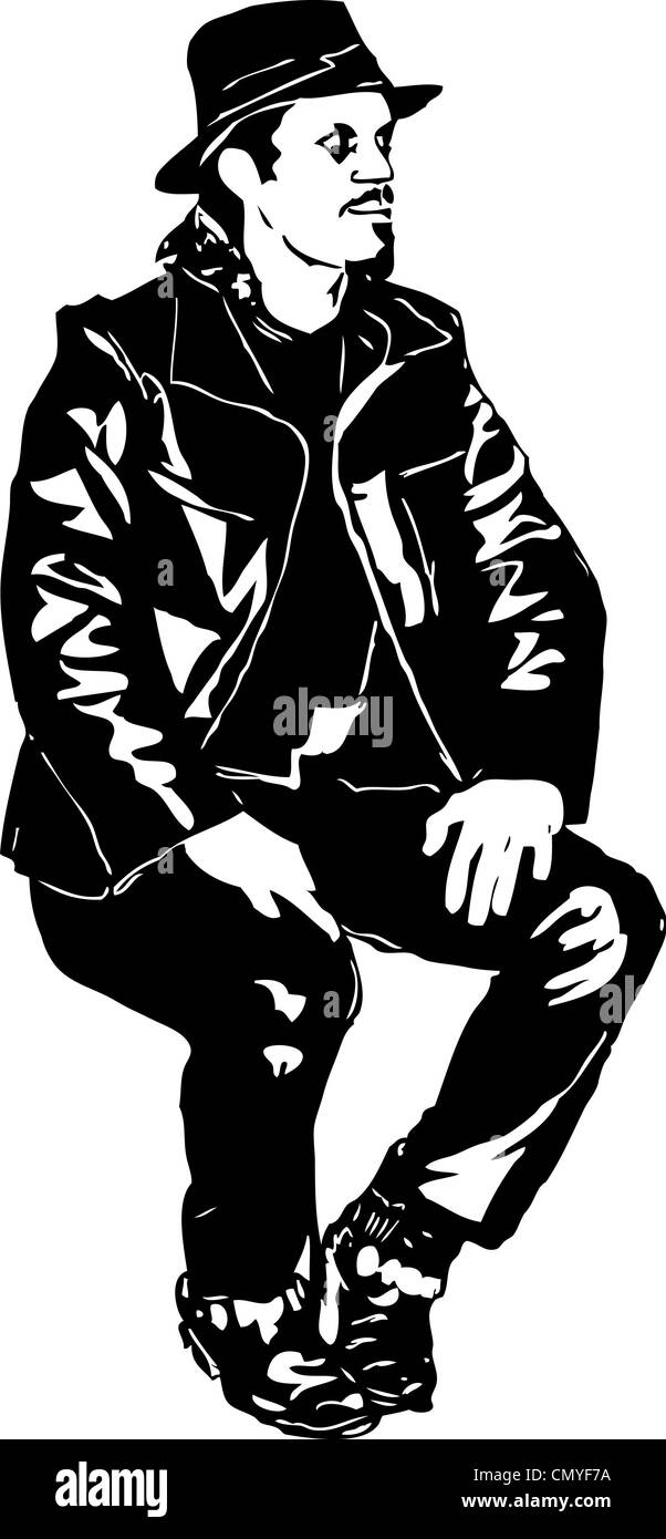 In bianco e nero disegno insediato nella hat uomo Foto Stock