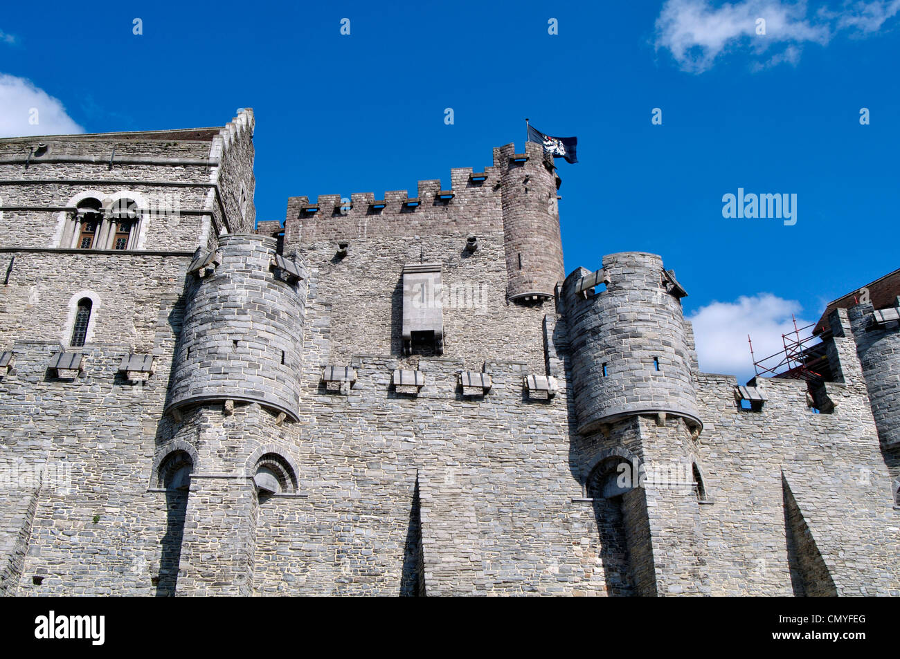 Belgio, Fiandre, Gand, Castello di Gravensteen dettaglio facciata Foto Stock