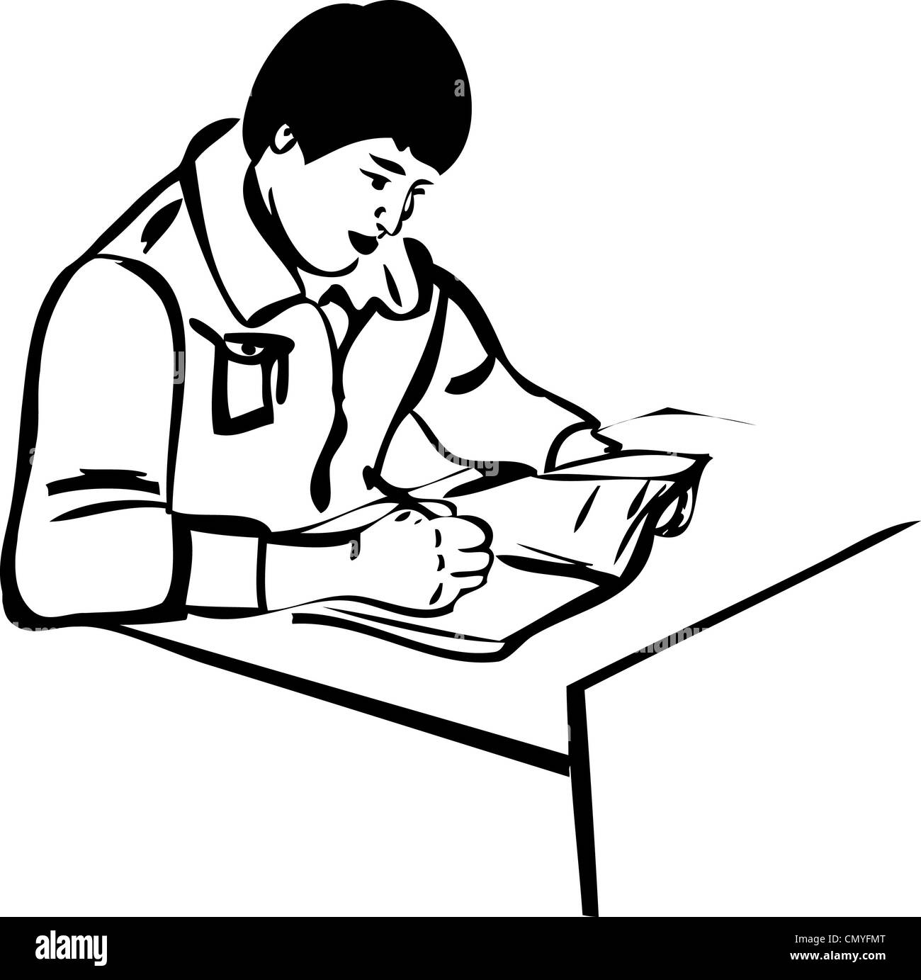 Un schizzo ragazzo seduto al tavolo Foto Stock