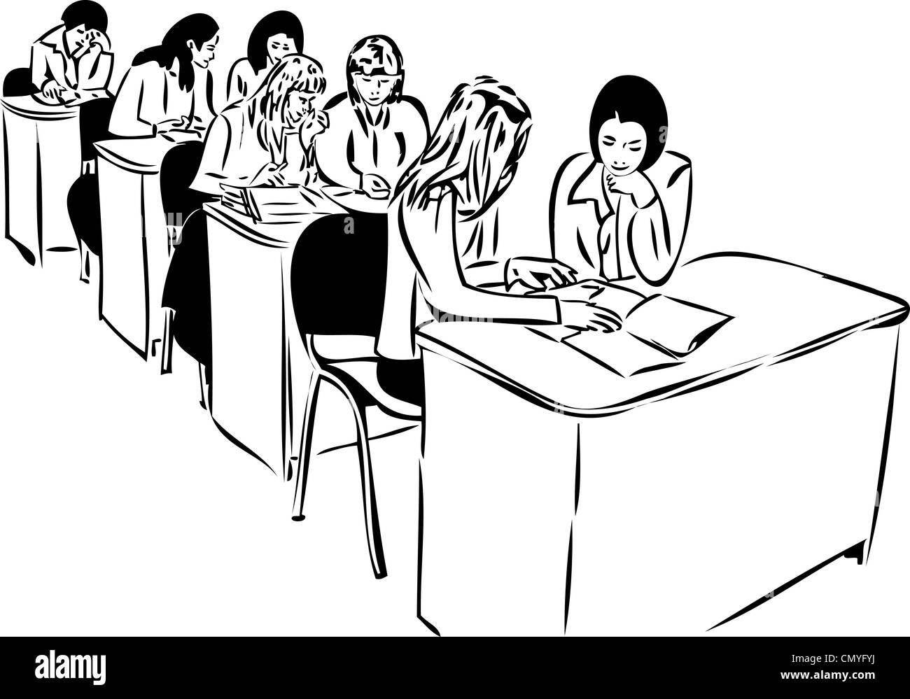 Schizzo di ragazze in platea seduti a tavola Foto Stock