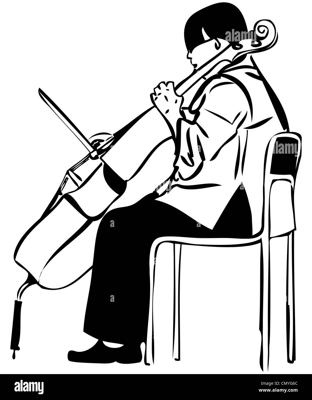 Un schizzo di una donna che gioca un violoncello bow Foto Stock