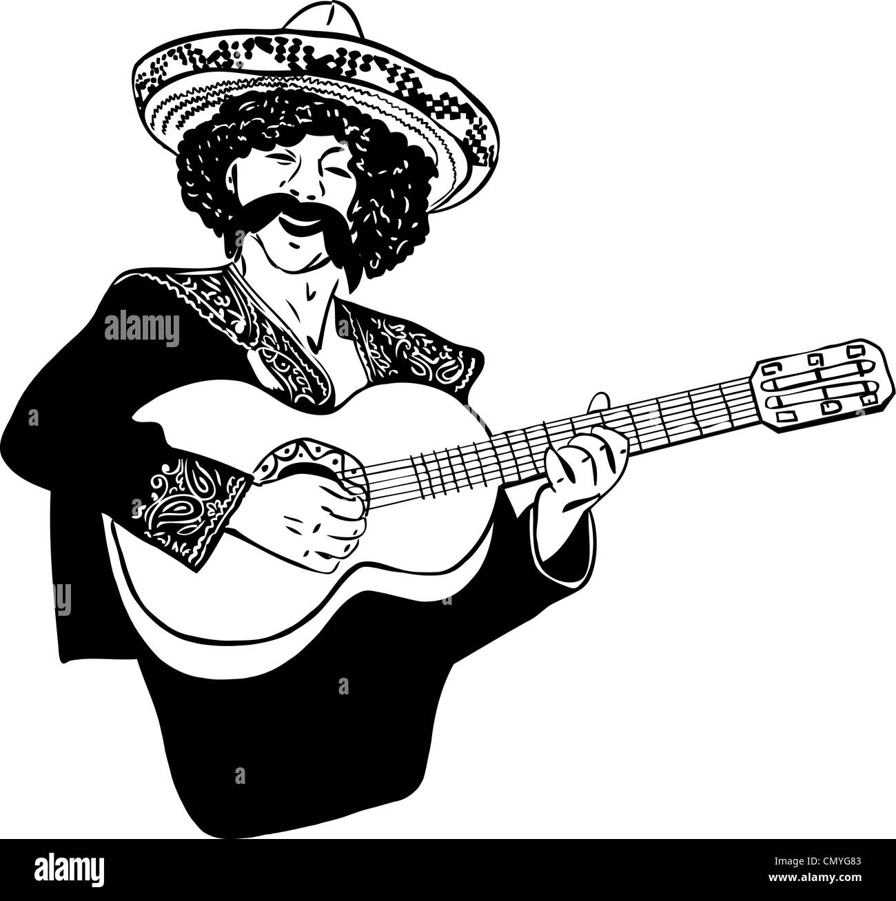 Un schizzo gli uomini messicani di cantare e suonare la chitarra Foto Stock