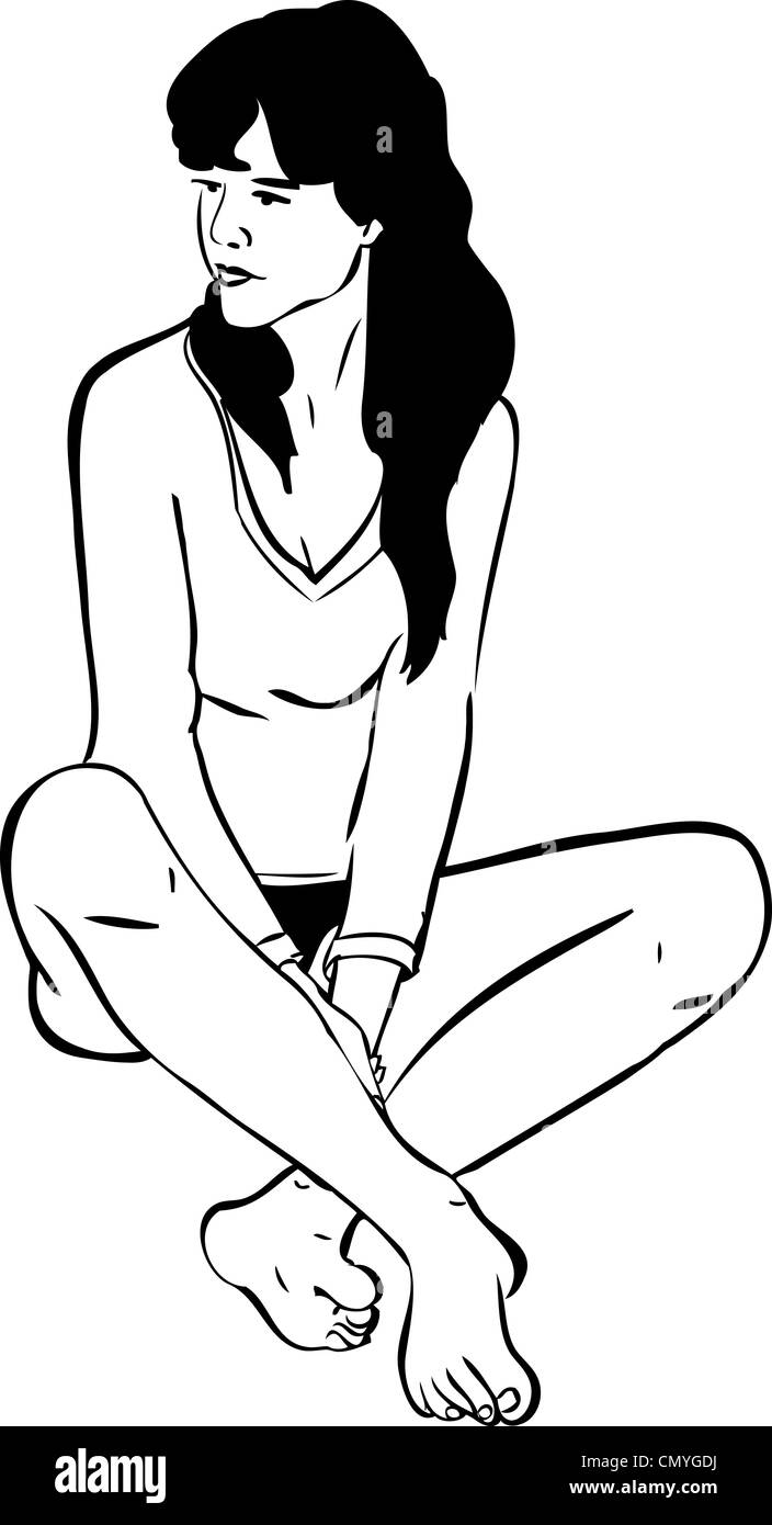 Un schizzo di una ragazza seduta a piedi nudi in una T-shirt Foto Stock
