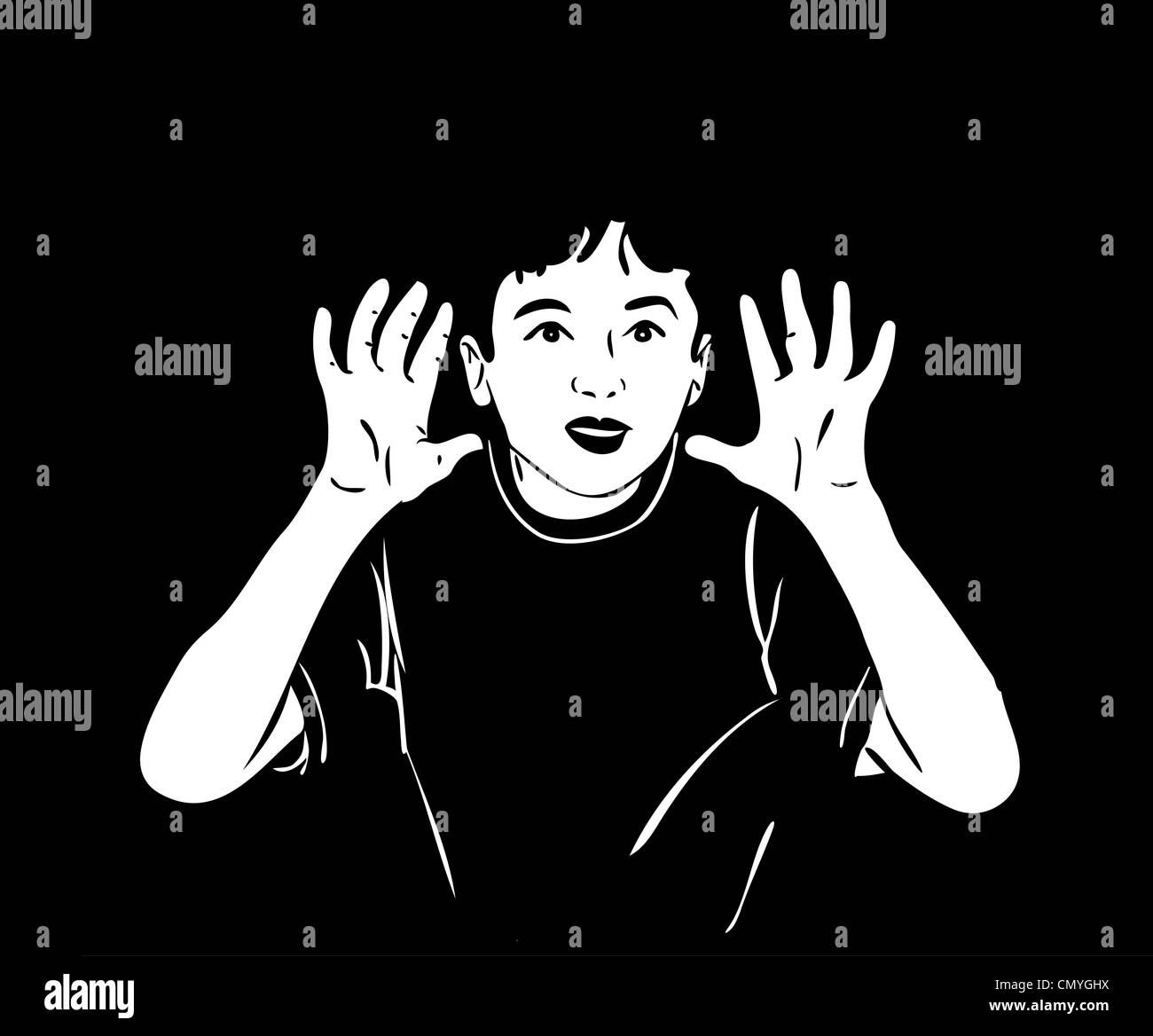 Schizzo di un ragazzo ha sollevato le sue mani e grida nelle tenebre Foto Stock
