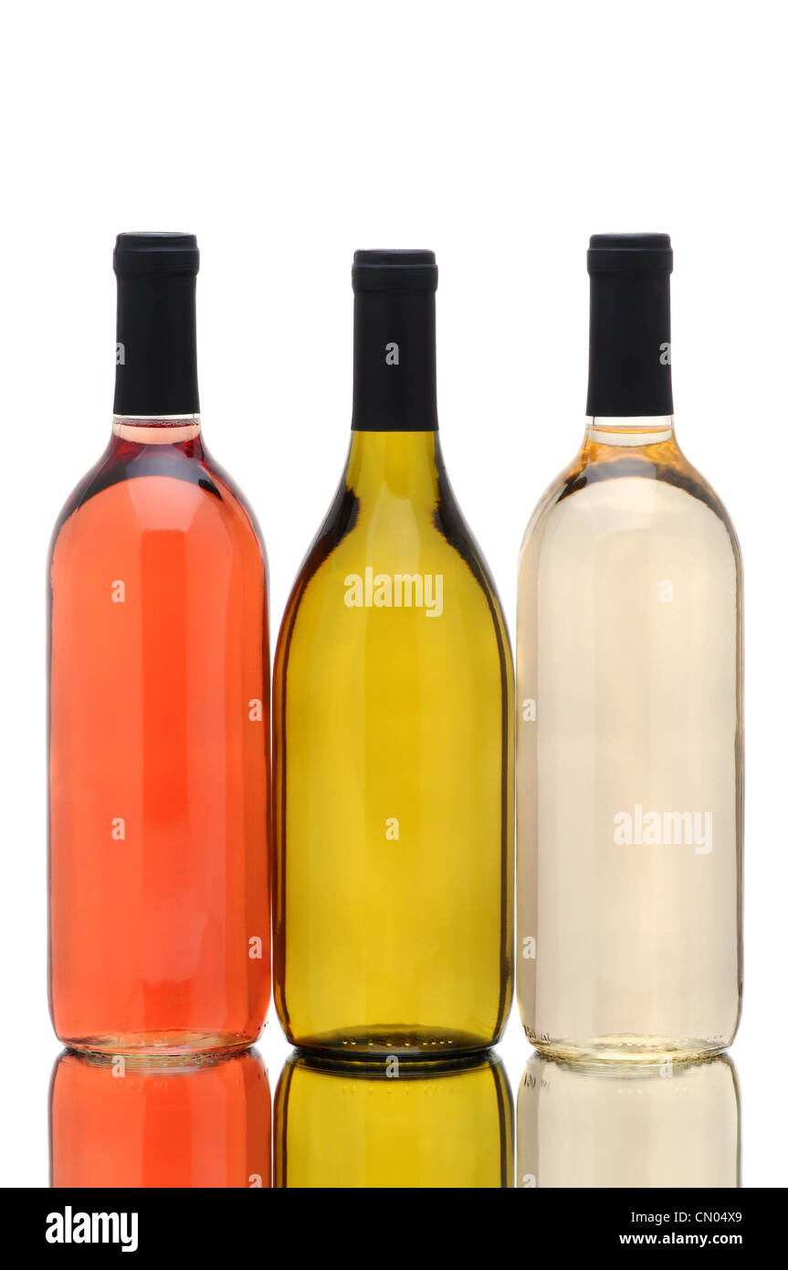 Un gruppo di tre diverse bottiglie di vino con la riflessione su uno sfondo bianco. Foto Stock
