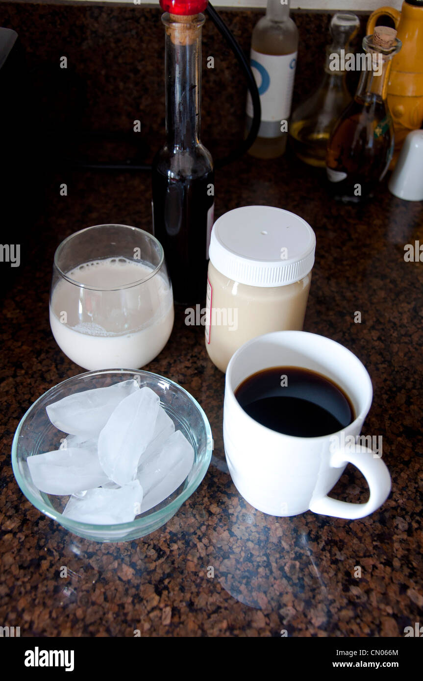 Caffè, ghiaccio, crema, miele, estratto di vaniglia - ingredienti per un sano caffè ghiacciato Foto Stock