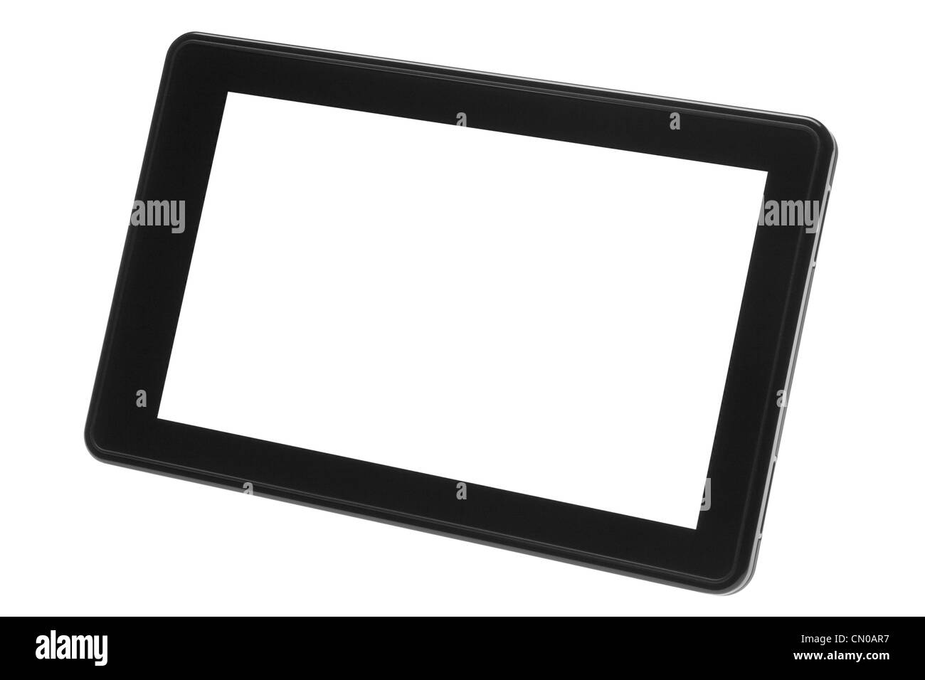 Close-up di tavoletta digitale dispositivo di visualizzazione schermo bianco. Orizzontale, inclinato all'indietro. Isolato su bianco. Foto Stock