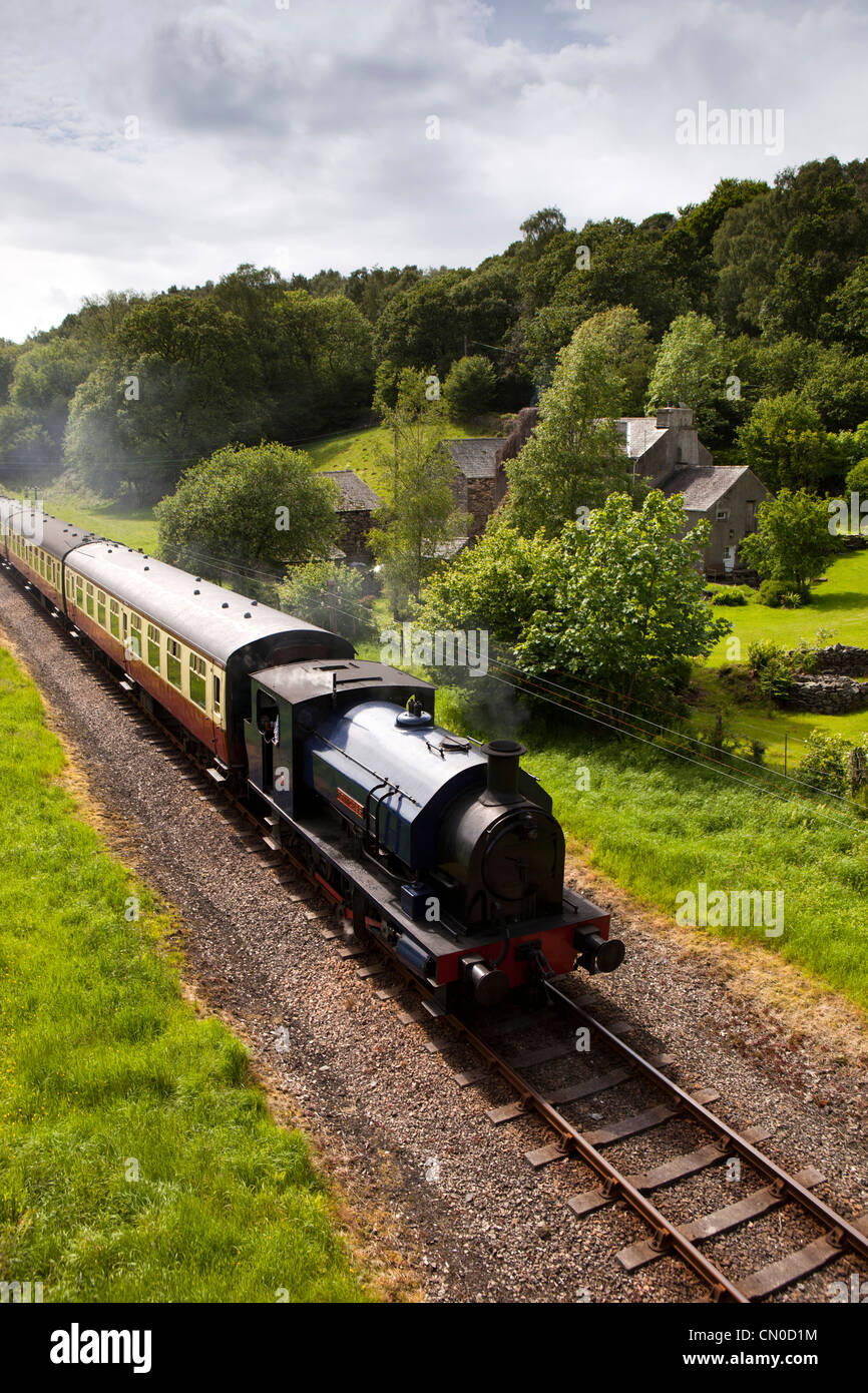 Regno Unito, Cumbria, Lakeside e Haverthwaite vapore ferroviarie tirato Treno in avvicinamento a Newby Bridge station Foto Stock