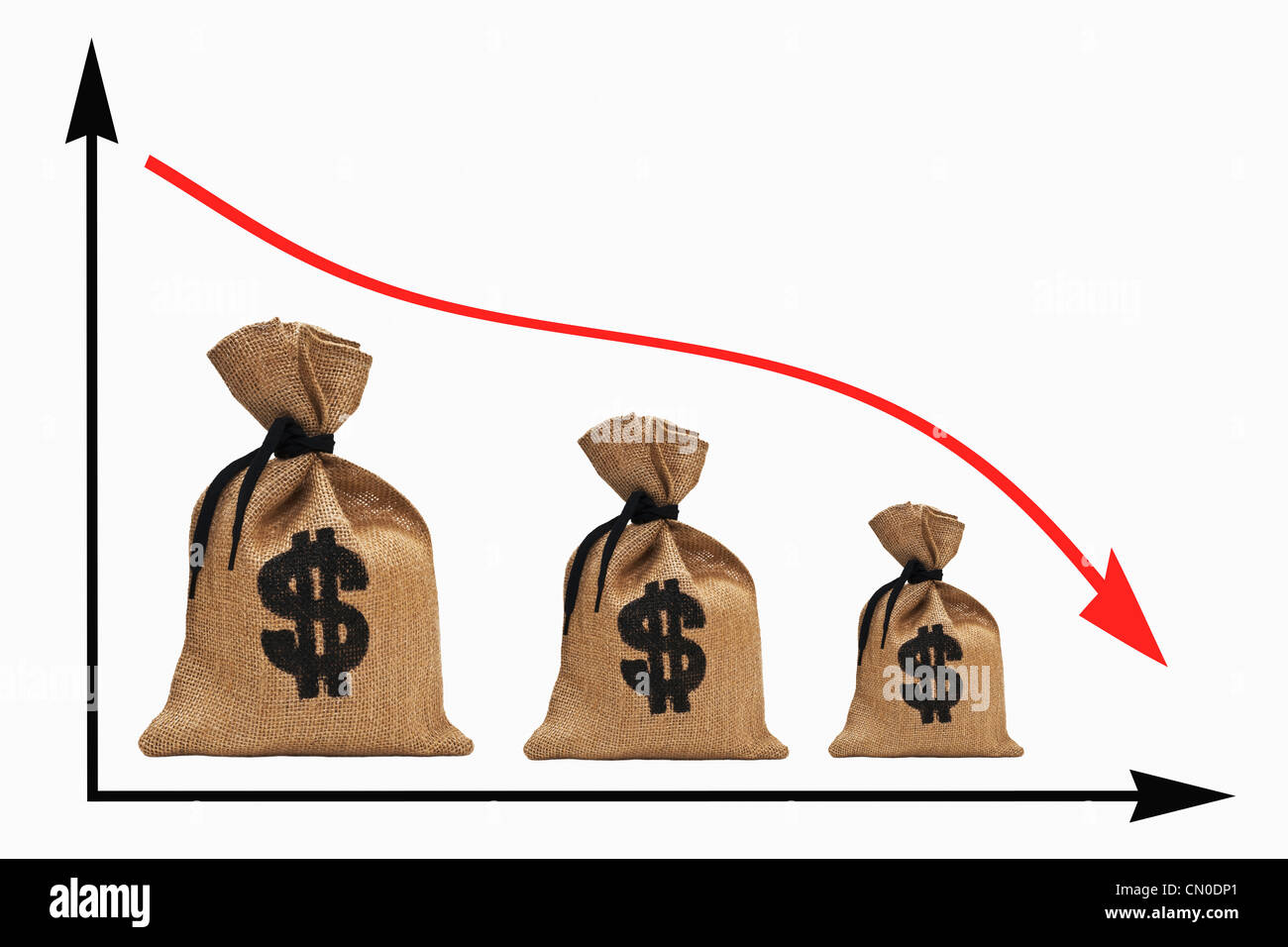 Un grafico con una curva decrescente, tre diversi grossi sacchi di denaro con la U. S. Dollar Cambio segno accanto all'altra. Foto Stock