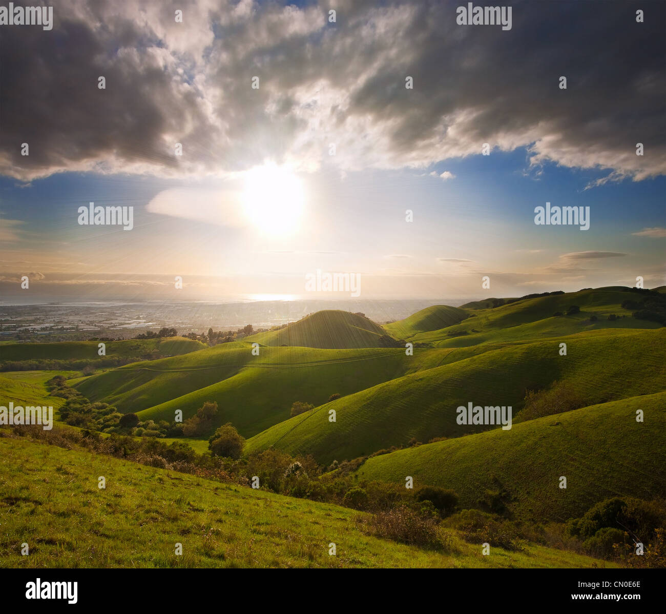 Tramonto primaverile nel lussureggiante verde prato in California, visualizzazione della Baia di San Francisco da foothills della gamma Diablo Foto Stock