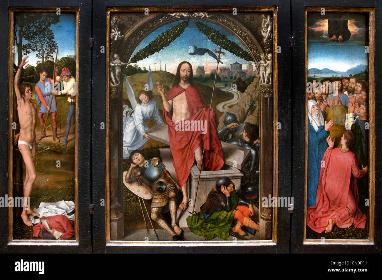 Triptyque risurrezione di Cristo 1490 da Hans Memling 1430 - 1494 belga, Belgio, fiammingo, L- il Martirio di San Sebastiano, R- Ascensione di Cristo Foto Stock