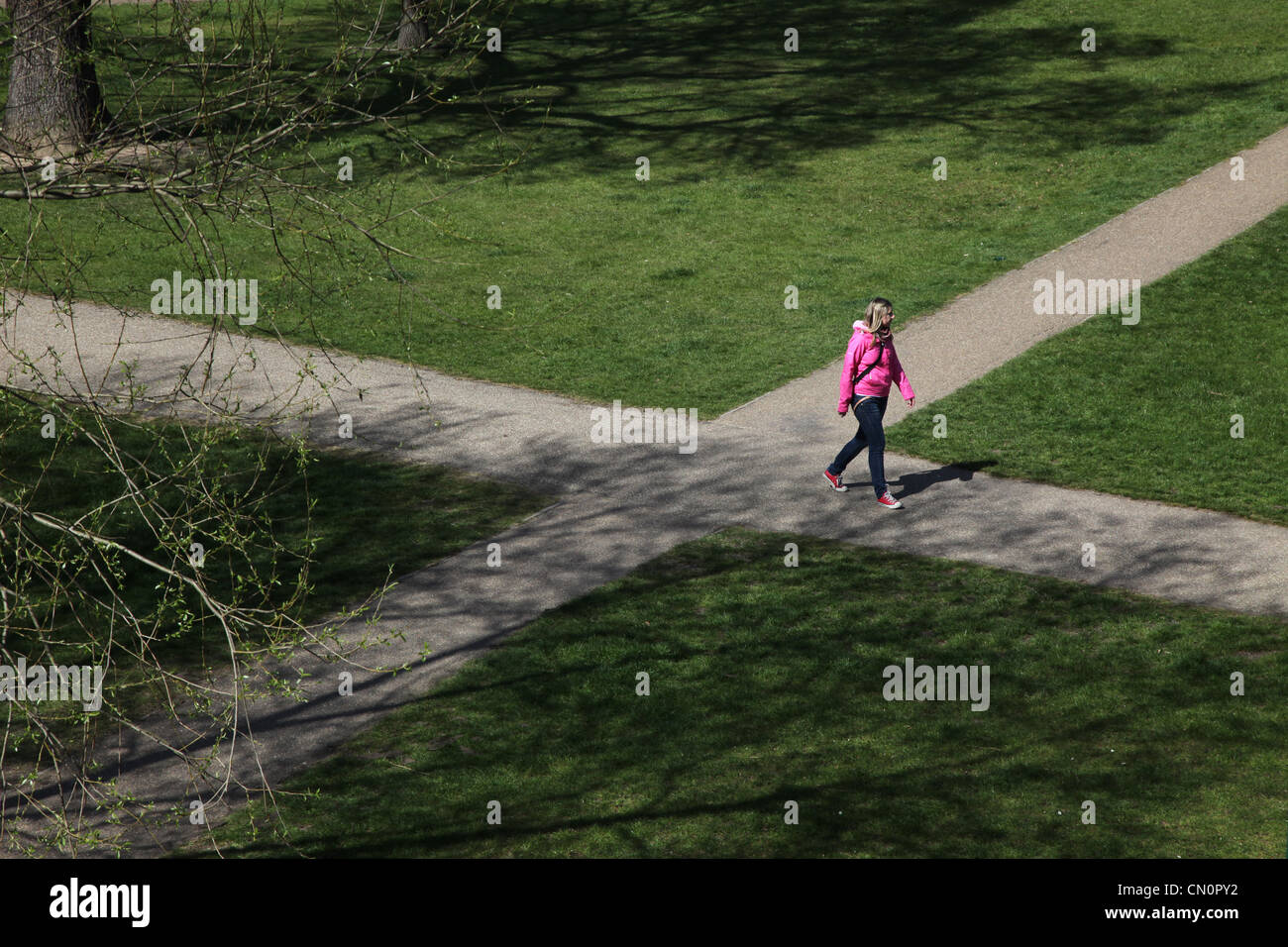 La donna a un incrocio giunzione in un parco, decidere in che modo andare. Foto Stock