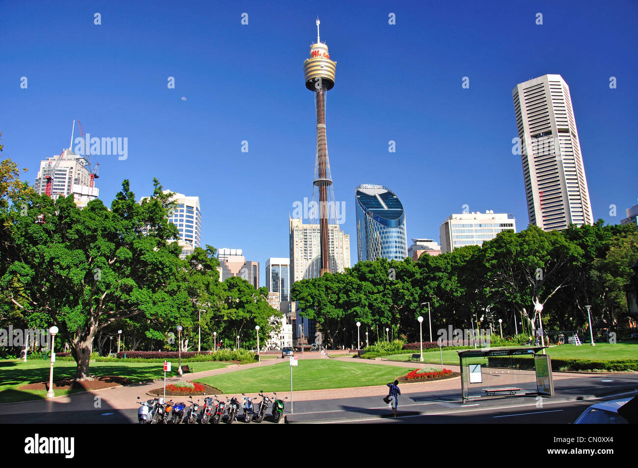 L'Archibald Fontana con la Torre di Sydney in background, Hyde Park, Sydney, Nuovo Galles del Sud, Australia Foto Stock