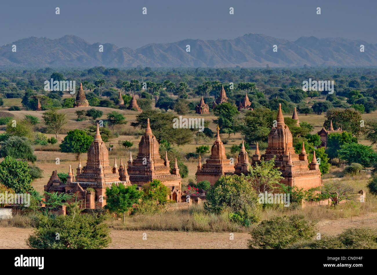 Templi nella lontana haze, Bagan, Myanmar Foto Stock