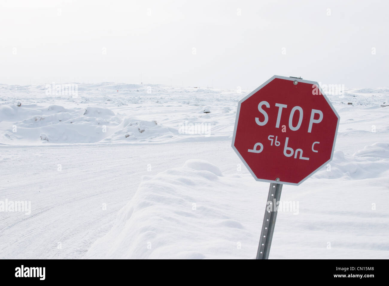 Segno di stop in inglese e Inuktitut, Iqaluit, Nunavut Foto Stock