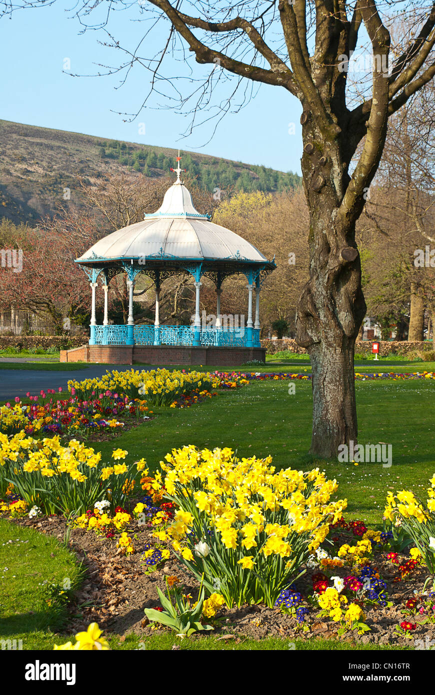 Bandstand in un paese parco in primavera tempo con aiuole di fiori consistente di narcisi tulipani primule Foto Stock