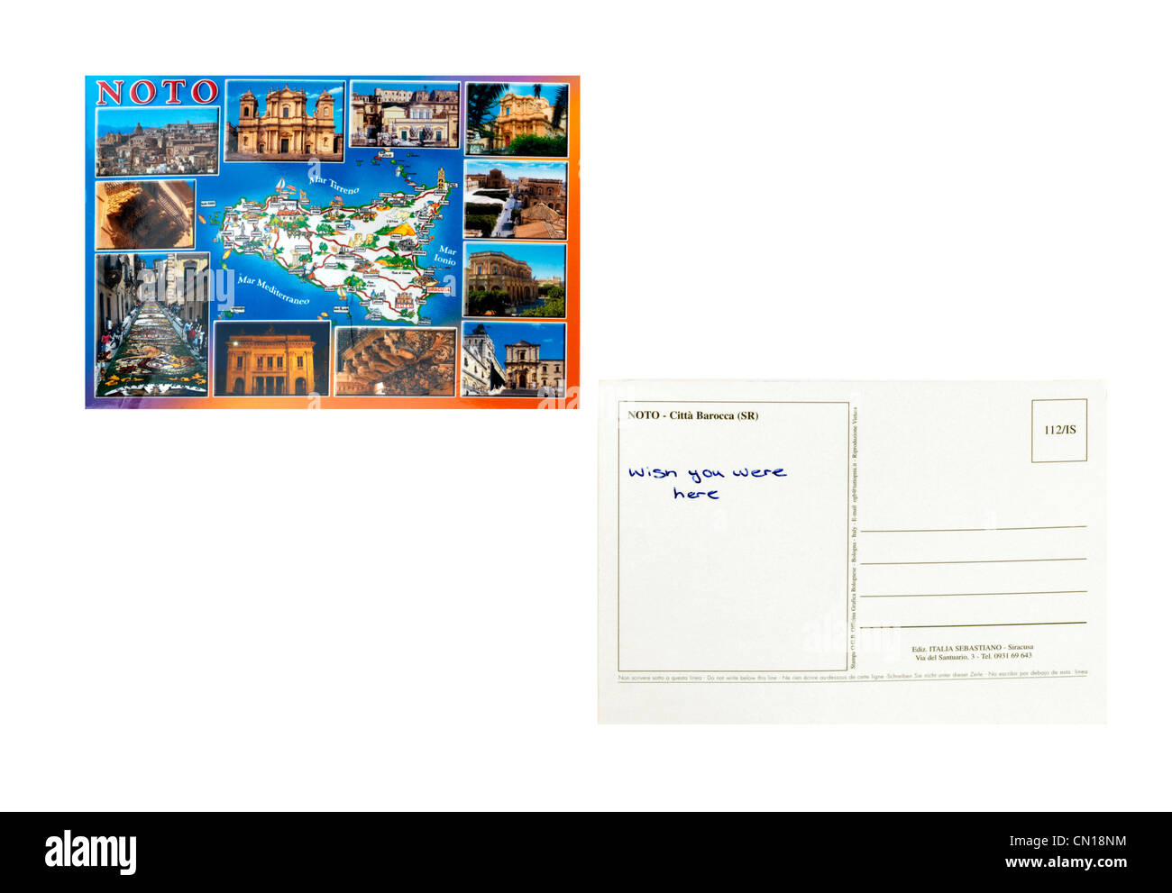Una cartolina da Noto Sicilia fronte e retro con 'desiderate sono state qui' scritto su di esso Foto Stock